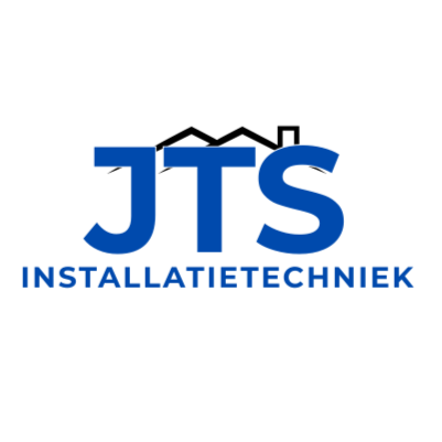 Logo van JTS Installatietechniek met blauwe en witte tekst op een zwarte achtergrond.