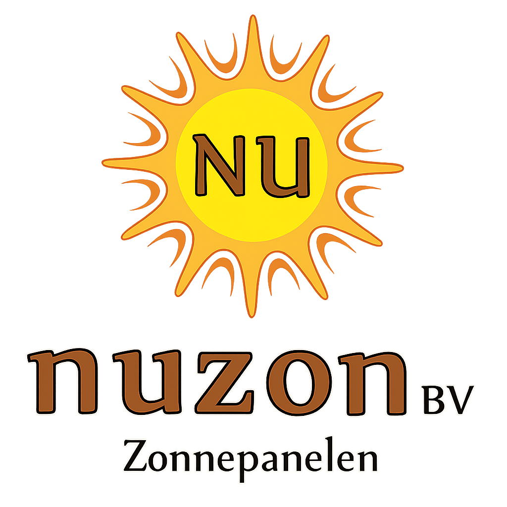 Logo van Nuzon BV met een zonnemotief en de tekst 'NU' binnen de zon, met de woorden 'nuzon BV' en 'Zonnepanelen' eronder.
