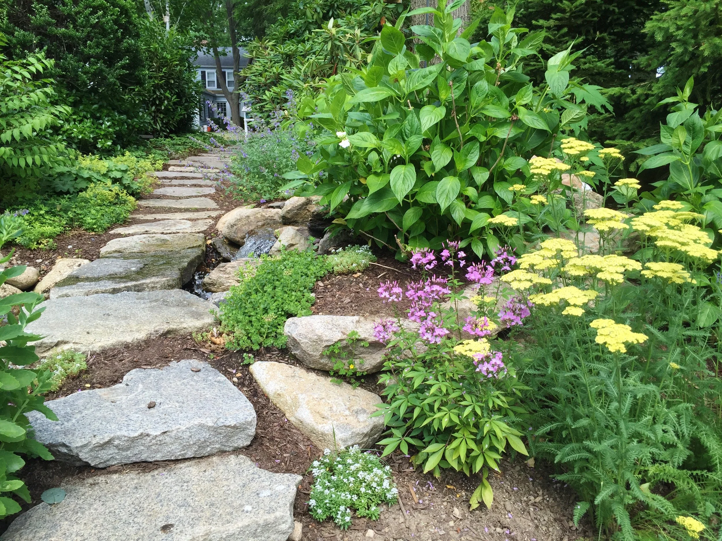 A stone pathway bordered by colorful flowers and lush green plants in a garden.
