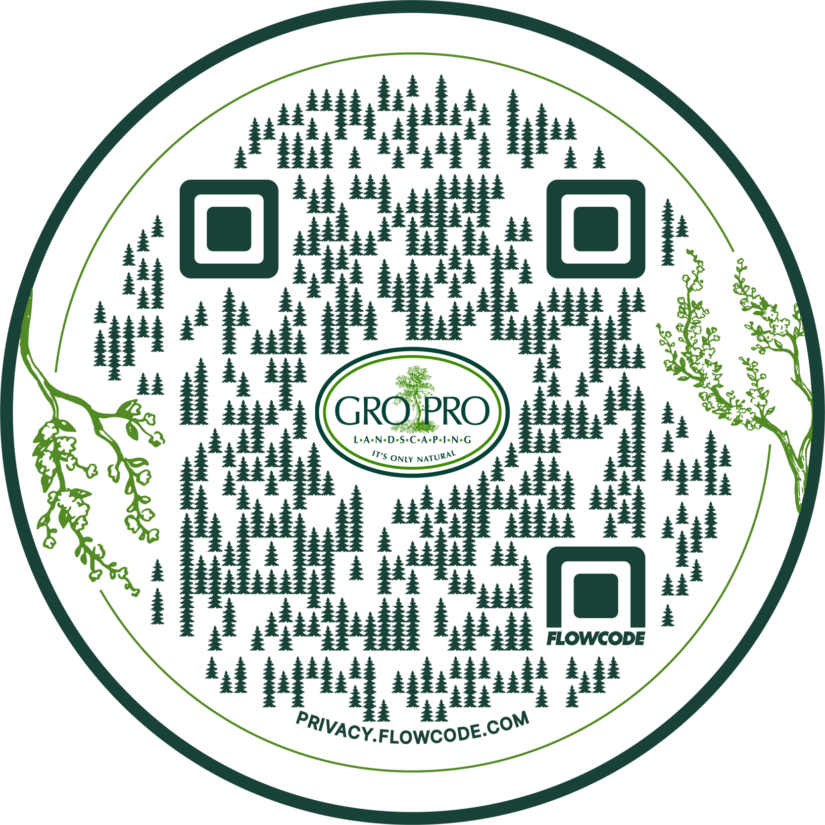A circular logo for GroPro Landscaping featuring a pattern of small forest trees, with branches and leaves decorative elements on the sides. The logo includes a central green tree icon with the text 'GRO PRO Landscaping' and the slogan 'It's Only Natural.' There are QR codes on the top left and bottom right, with the website 'privacy.flowcode.com' at the bottom.