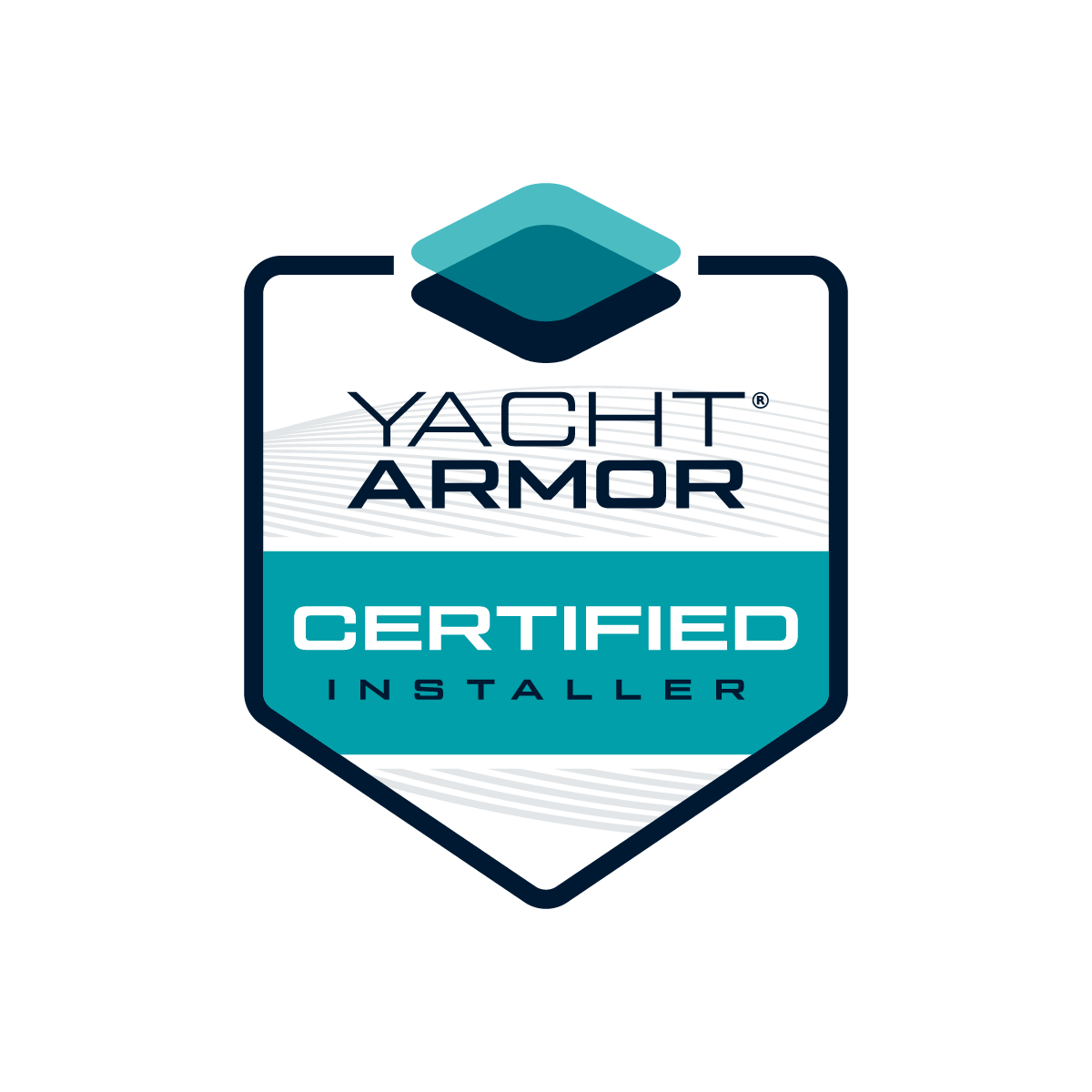Yacht Armor Certified Installer badge with a shield shape, blue and white colors, and a logo at the top.