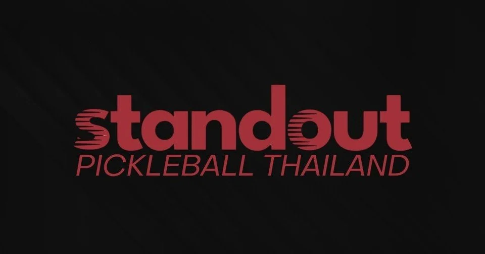 Logo with the words 'stand out' in bold red letters and 'PICKLEBALL THAILAND' in smaller red letters on a black background.