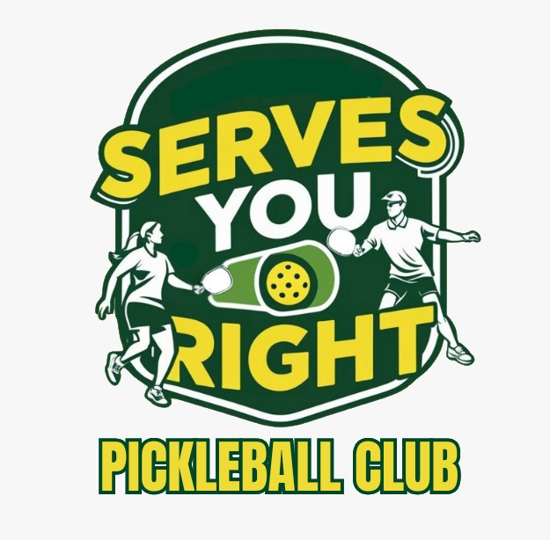 Logo for Pickleball Club with the words "Serves You Right" and illustrations of two people playing pickleball.