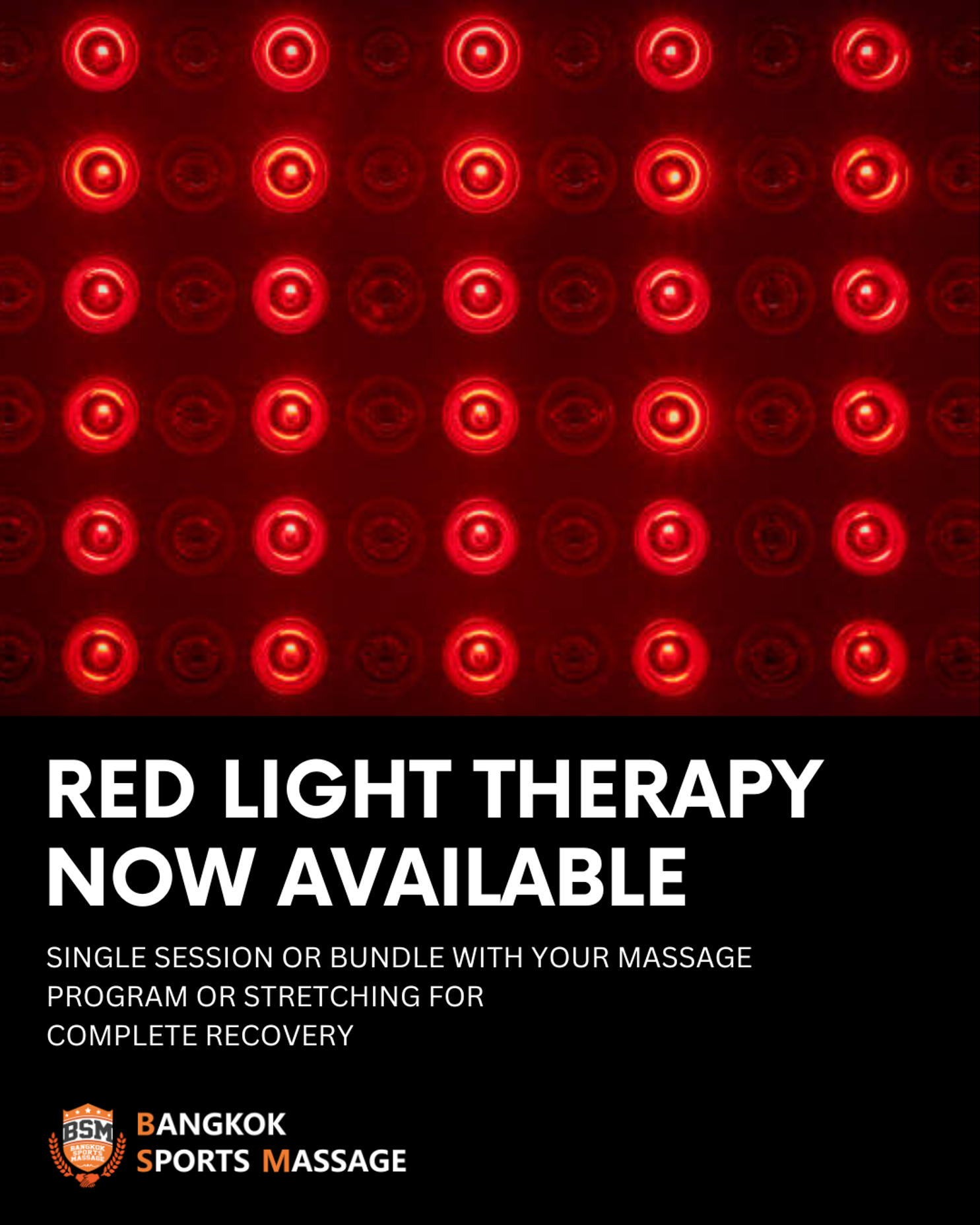 An advertisement for red light therapy equipment showing a grid of red glowing circles at the top and text below indicating the therapy is now available with options for single session or bundle. The bottom includes the logo and name of Bangkok Sports Massage.