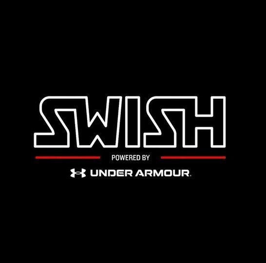Swish powered by Under Armour logo on a black background with white and red text.