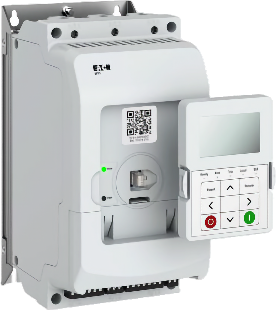 An industrial motor controller with a white body, a QR code, digital display, and control buttons including a green start button and a red stop button.
