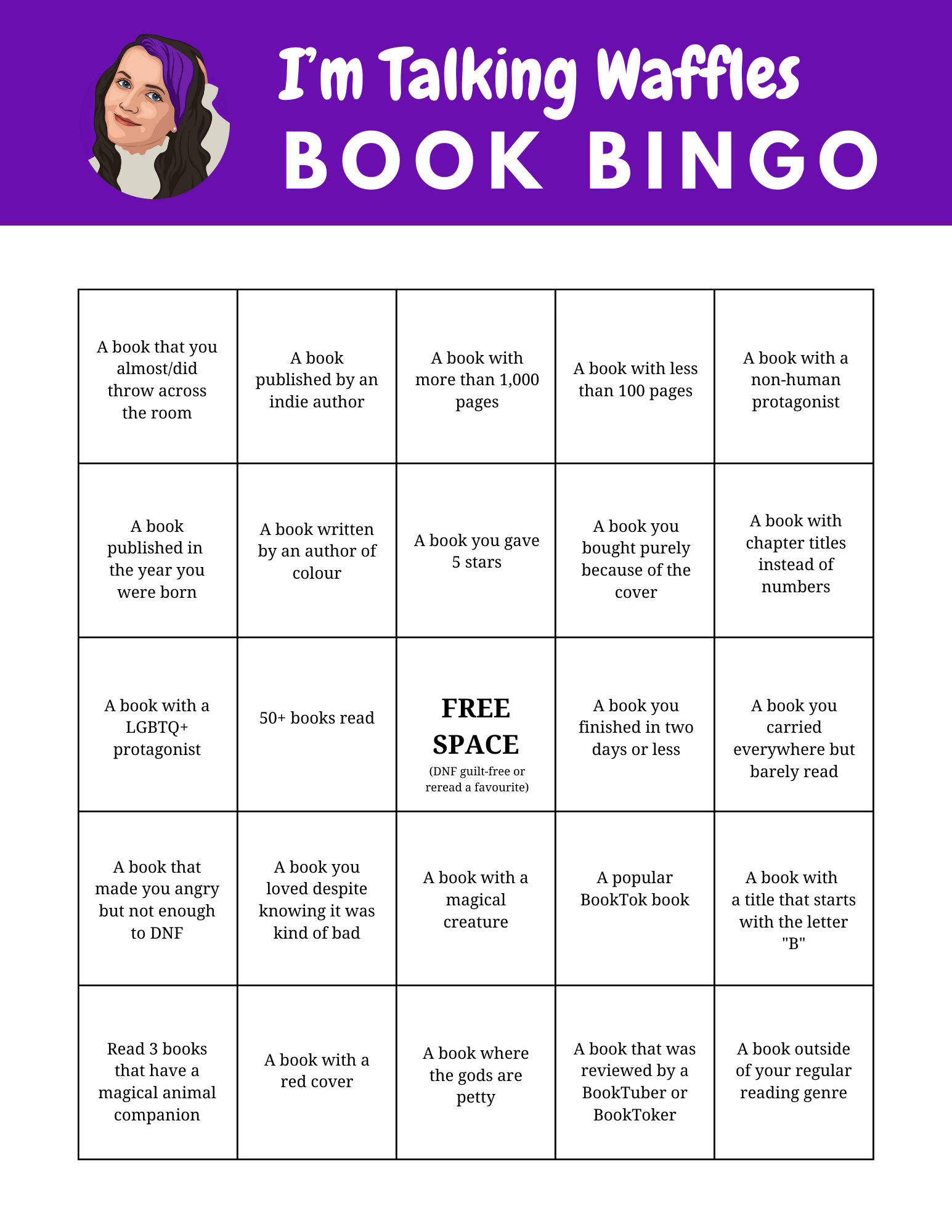 Bingo sheet for the I'm Talking Waffles Book Bingo challenge