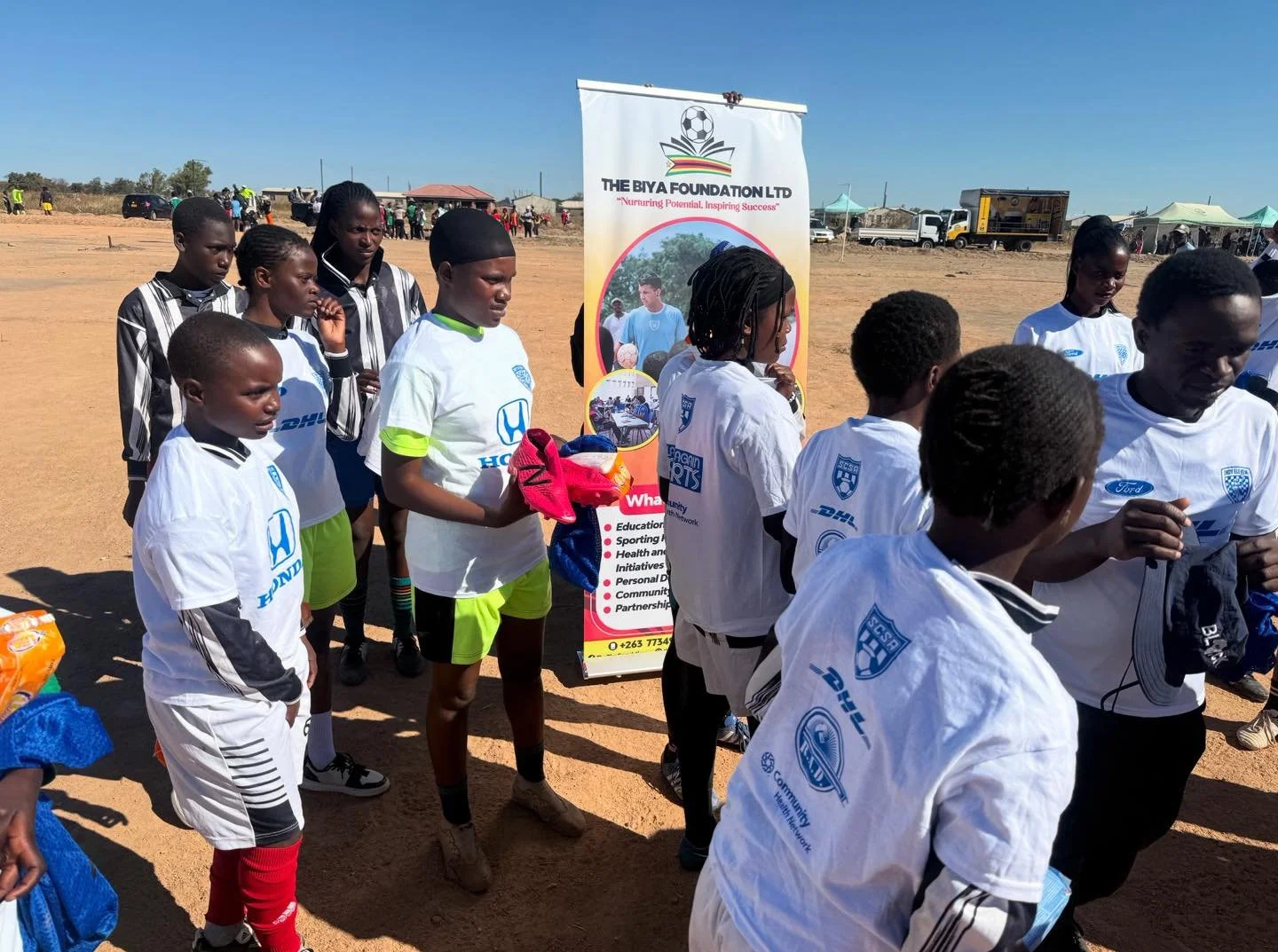 Supporting the Sibanye Academy Girls
Soccer Team
We recently had the opportunity to connect with the inspiring players of the Sibanye Academy girls soccer team. During our visit, we donated SOCCER BOOTS , TRAINING T-SHIRTS, TRAINING BIBS and 
SANITAR