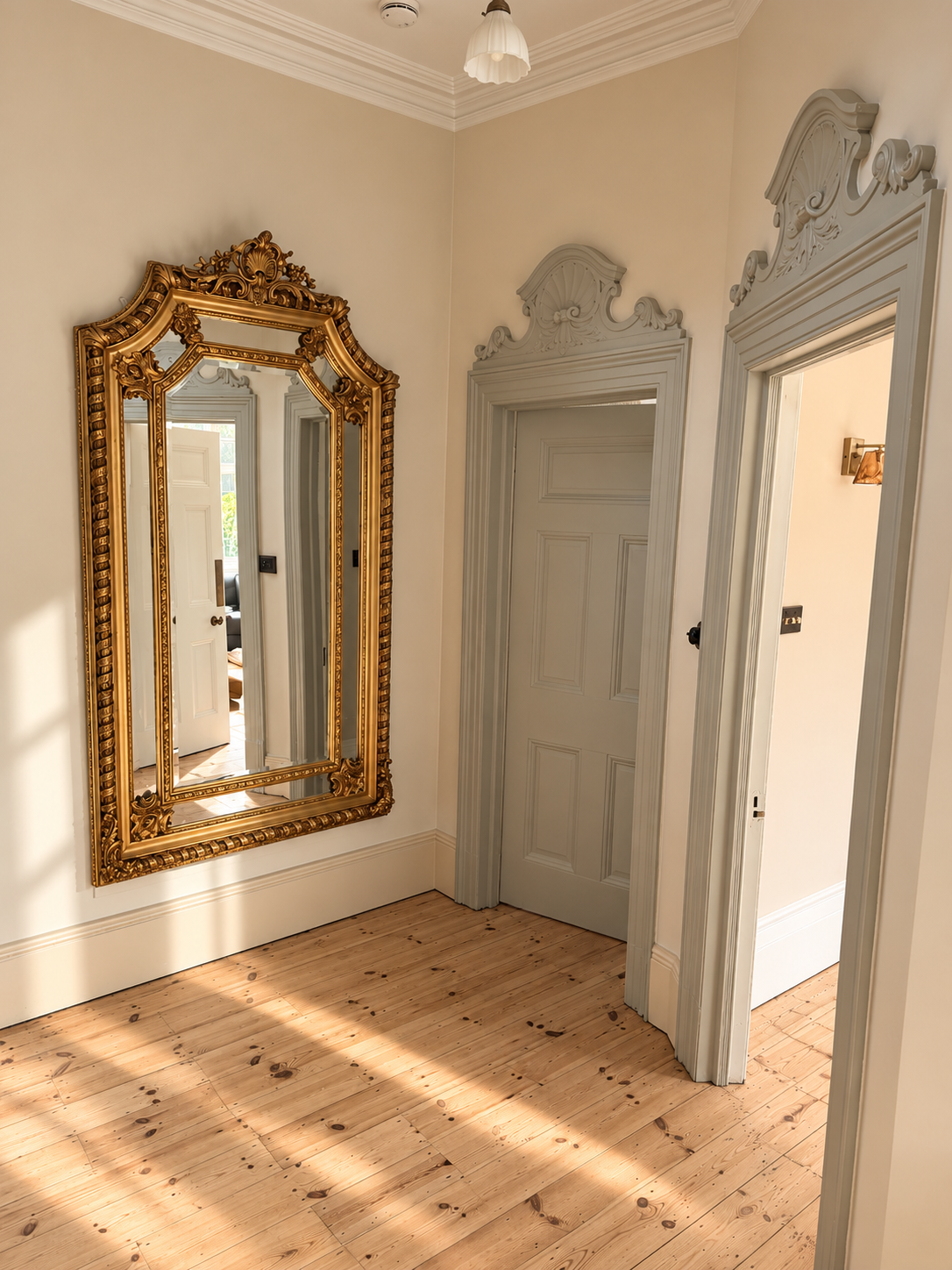 After - stripped original floorboards and painted architraves work in harmony with the oversized gilt antique mirror 