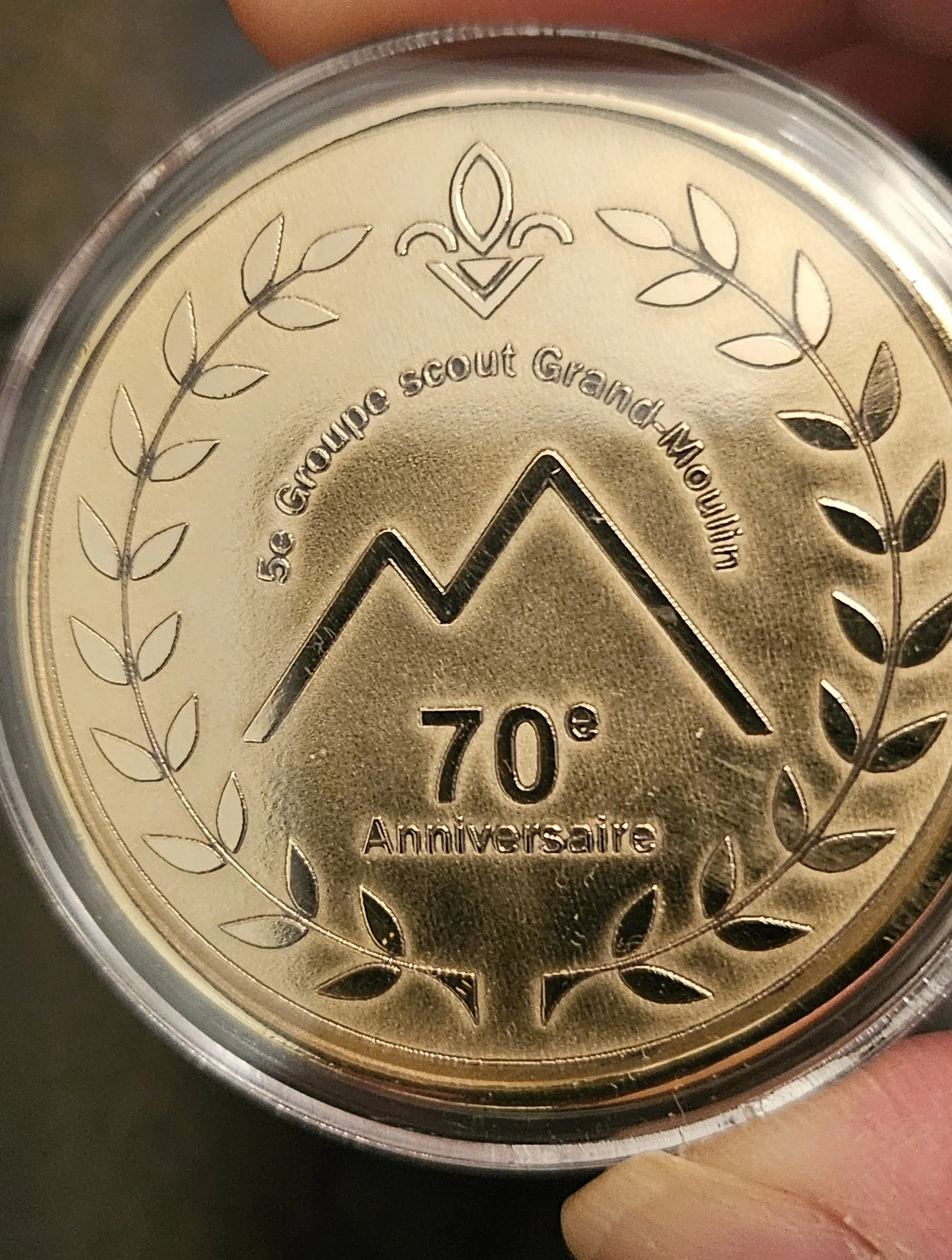 Pièce commémorative unique pour le 70e anniversaire du 5e groupe scout Grand-Moulin 1/1. Side A