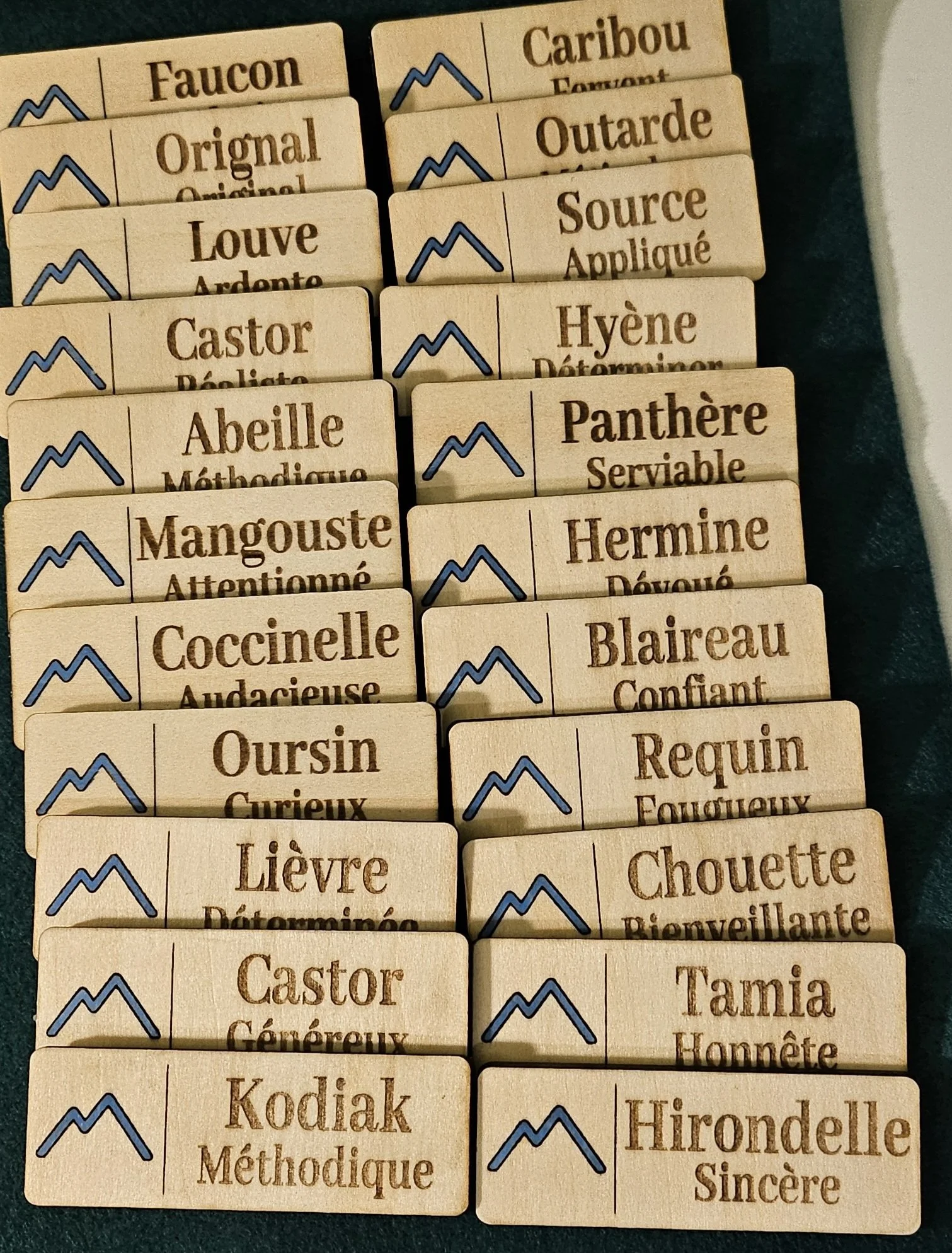Étiquettes de nom « Nametags » en bois pour le 5e Groupe scout Grand-Moulin.