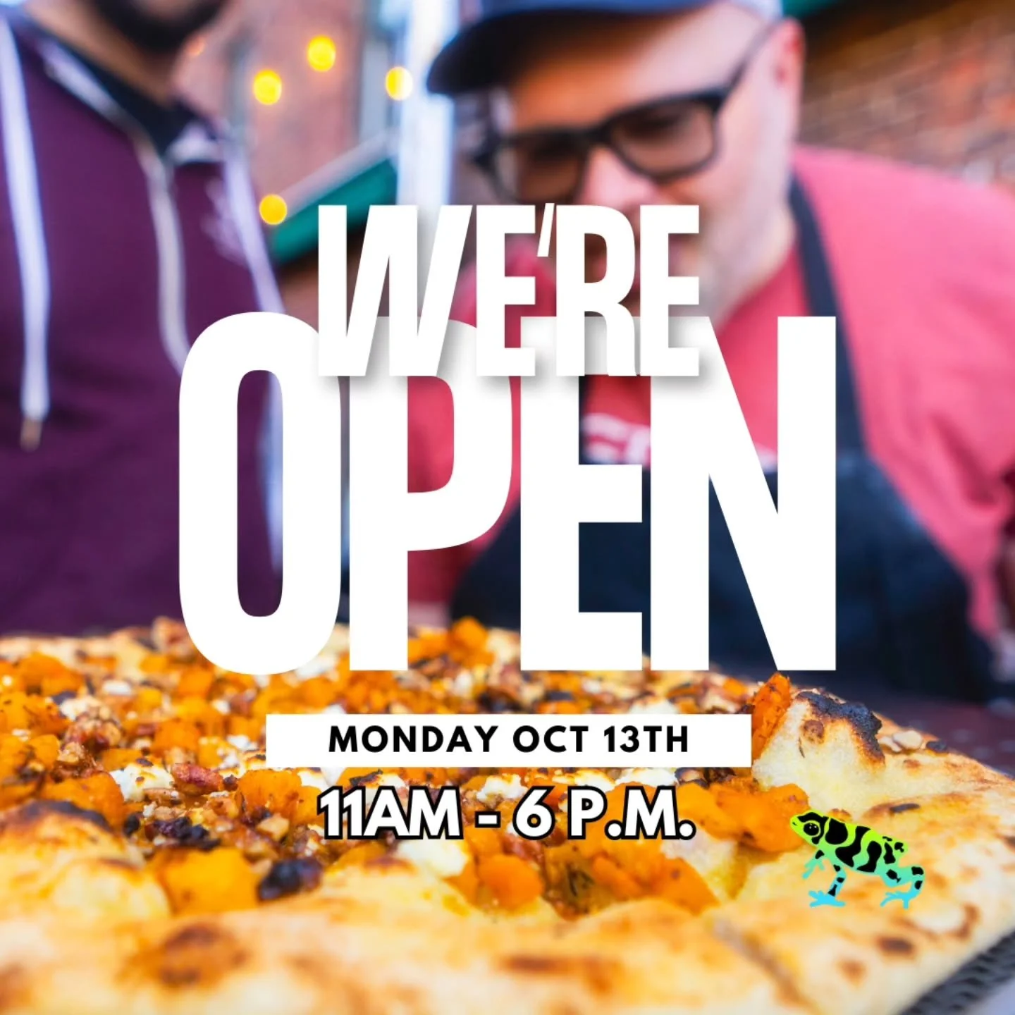 Close out the long weekend with us! Come hang out from 11-6 and watch the storm blow through. Say hi to the frogs, grab a beer, and warm up with a hot pizza.  See you there!