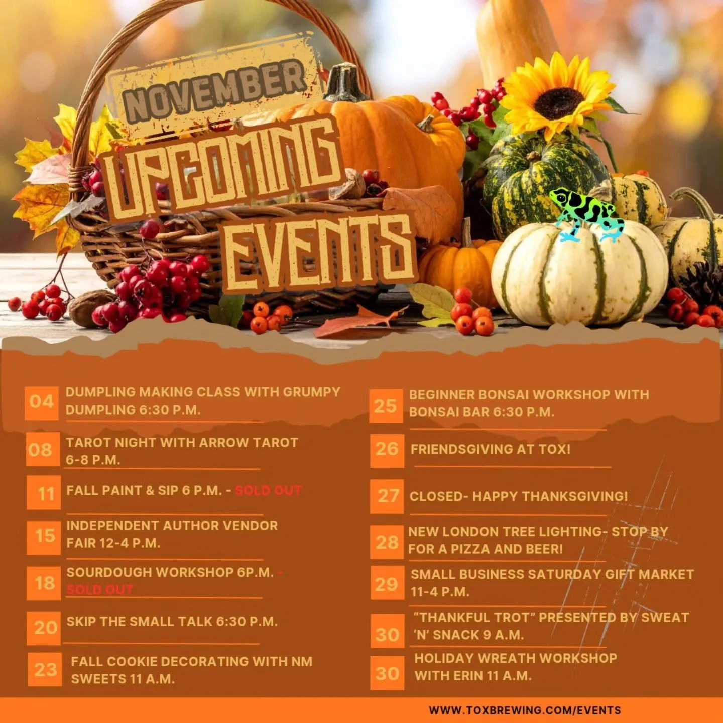 New in November....

🥡 11/4 Dumpling Class with @grumpydumplingco 
🔮 11/8 Tarot Night with @arrowtarot 
🎨 11/11 Fall Paint &amp; Sip *SOLD OUT*
📚 11/15 Independent author vendor fair
🍞 11/18 Sourdough workshop with @theravensrise_sourdough *SOLD