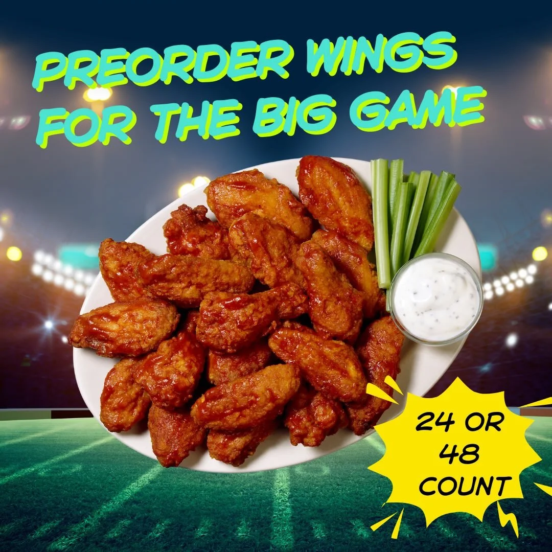🏈🎉Super Bowl Party Time!🎉🏈 
:
We have some big things happening to help you celebrate the Super Bowl this weekend. We've been making a splash with our wings so we decided to offer party trays for pre-order, 24 or 48 of of a single or split betwee