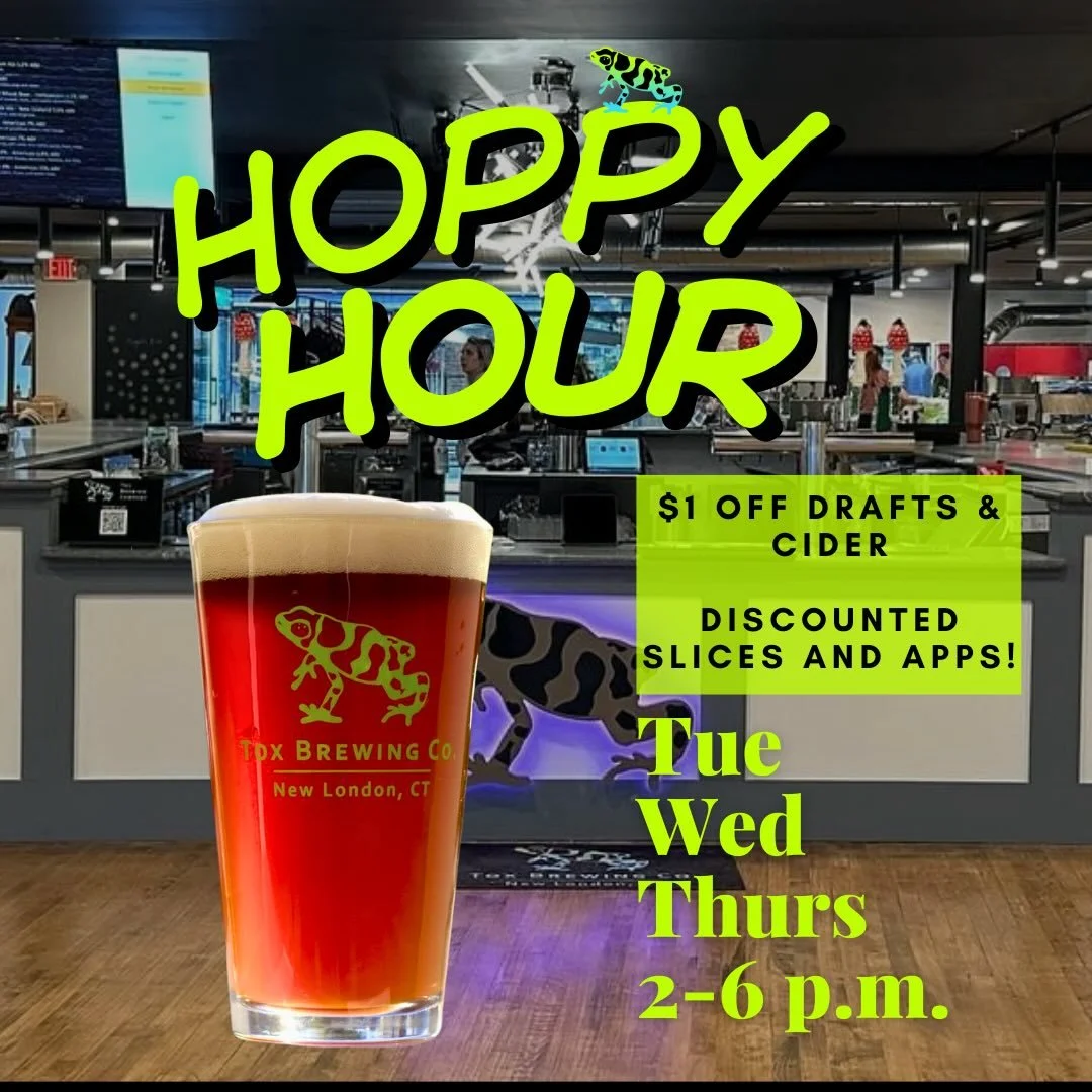 Even more Happy! We are happy to announce that we are extending our happy hour days, hours, and options! It also now includes cider and food. Starting now happy hour will run Tuesday, Wednesday and Thursday from 2:00 PM until 6:00 PM. It includes dis