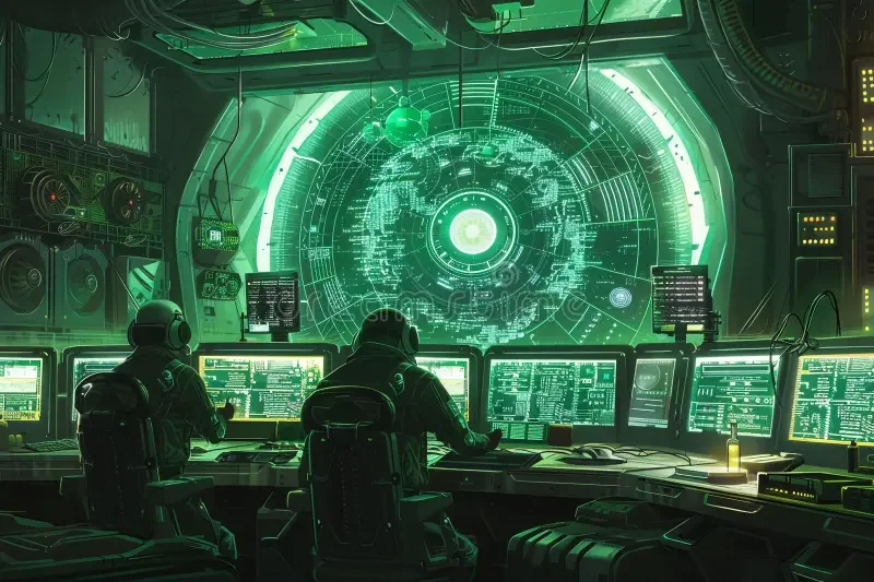 A futuristic control room with multiple operators working on computers, with a large green holographic or digital world map display in front of them, surrounded by advanced technology.