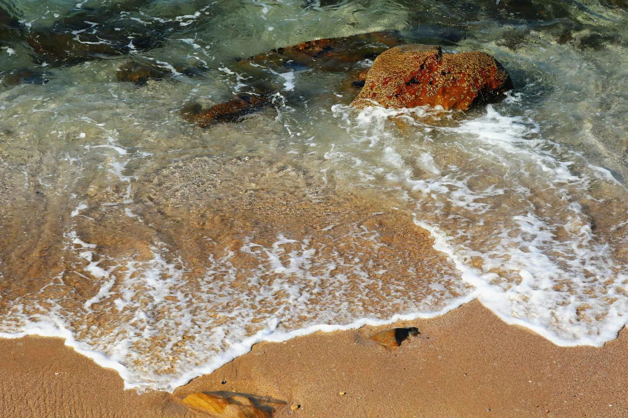 Waves washing over a sandy coastline with a prominent rock partially covered in seaweed. The clear water reveals smaller rocks beneath the surface.