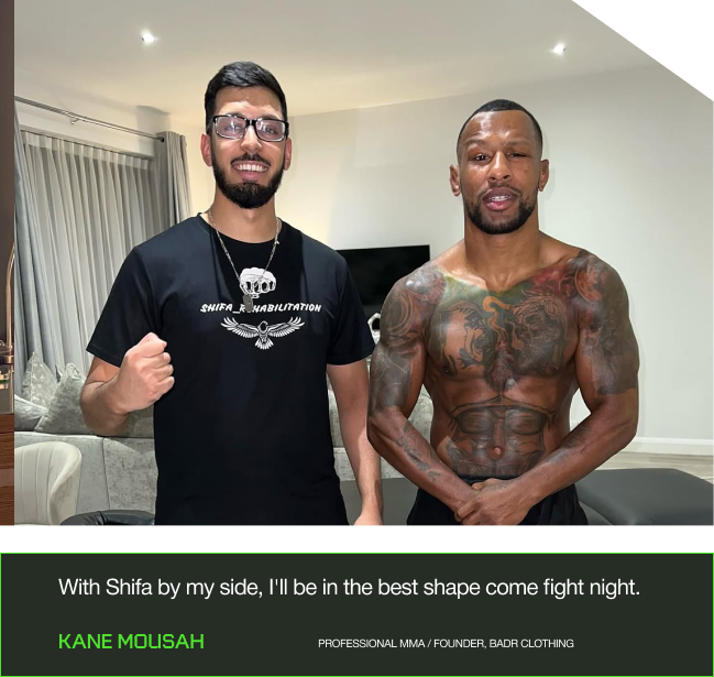 Shifa rehabilitation owner Bilal posing for a picture with professional mixed martial artist and Manchester native Kane Mousah, the founder of Badr clothing.