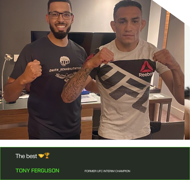 Shifa rehabilitation founder Bilal Shaikh is stood next to former UFC interim champion Tony Ferguson, an American professional mixed martial artist and professional boxer and is the current MFB Middleweight champion.