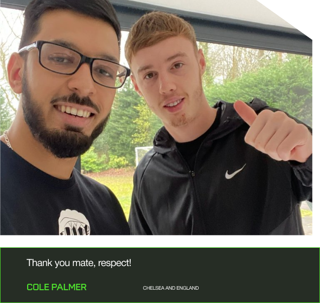 Shifa rehabilitation owner Bilal posing for a picture with for Manchester City, current Chelsea & England international footballer Cole Palmer after a successful treatment session