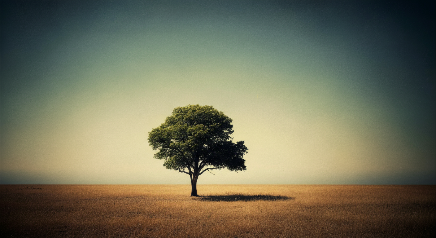 Single tree on dry grassland with a clear gradient sky.