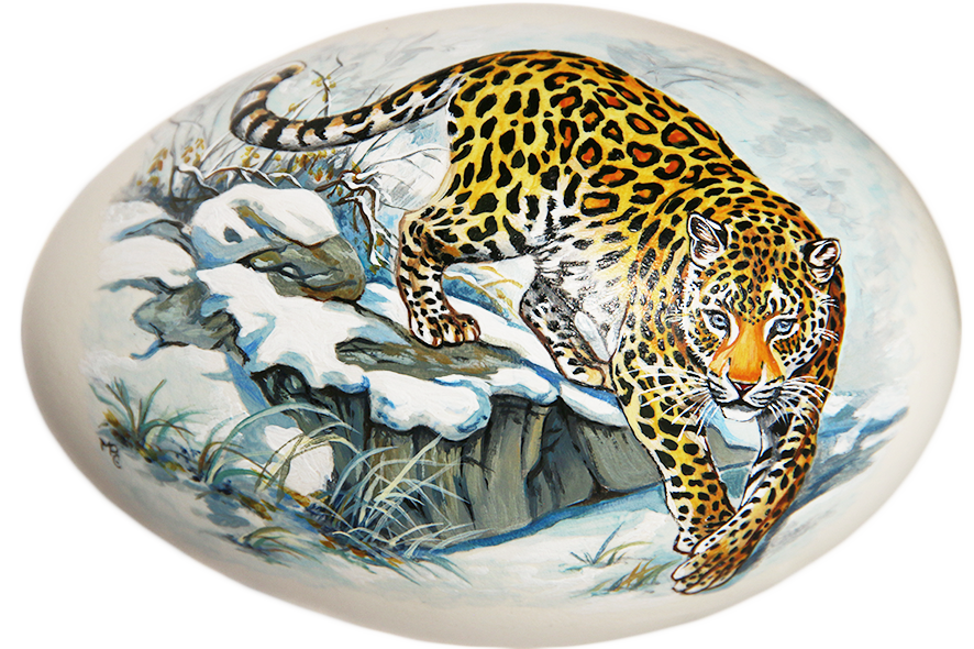 Léopard de l’amour, motif acrylique sur oeuf d’oie – hauteur env. 6 cm