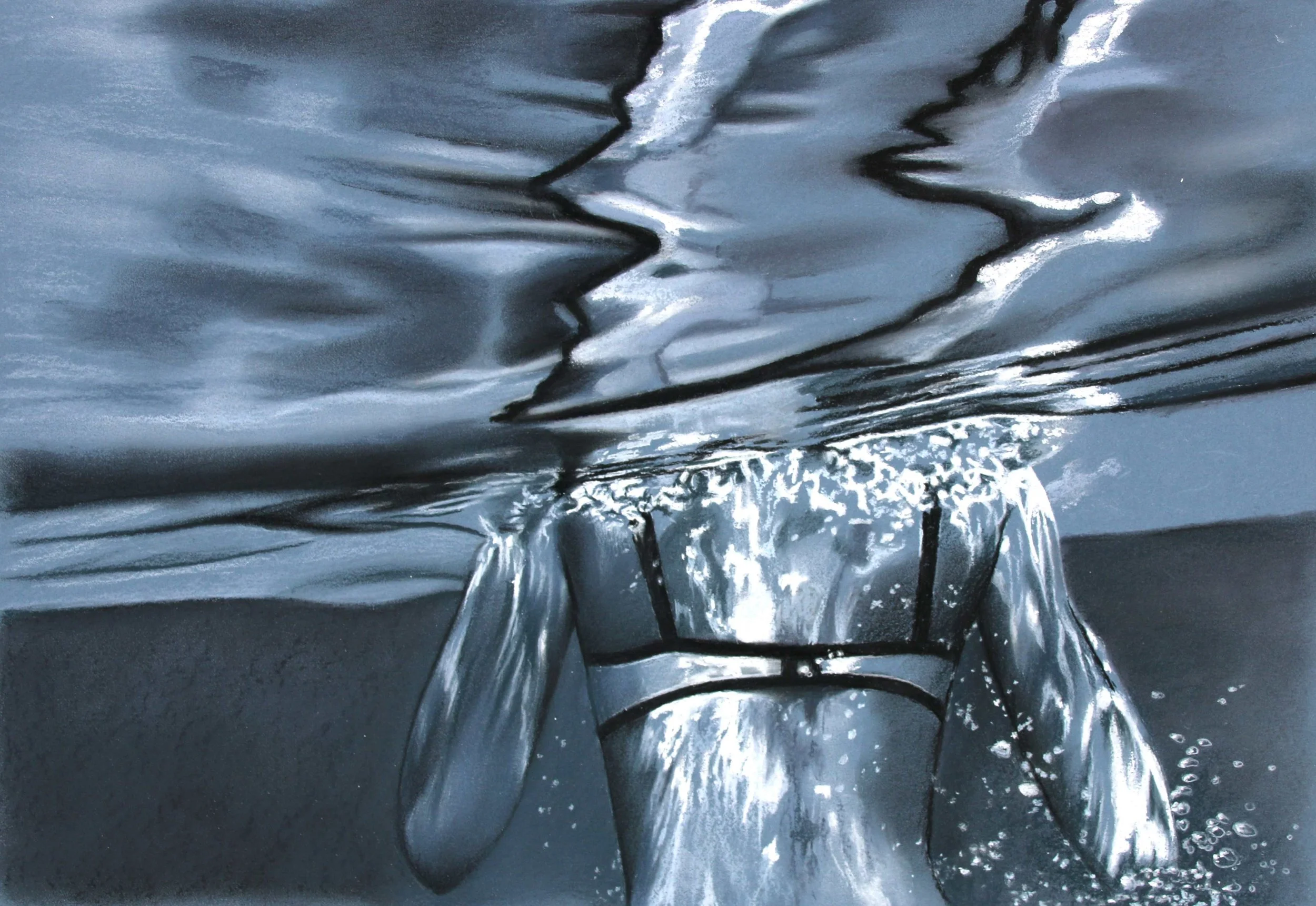 Craie blanche et fusain sur papier bleu