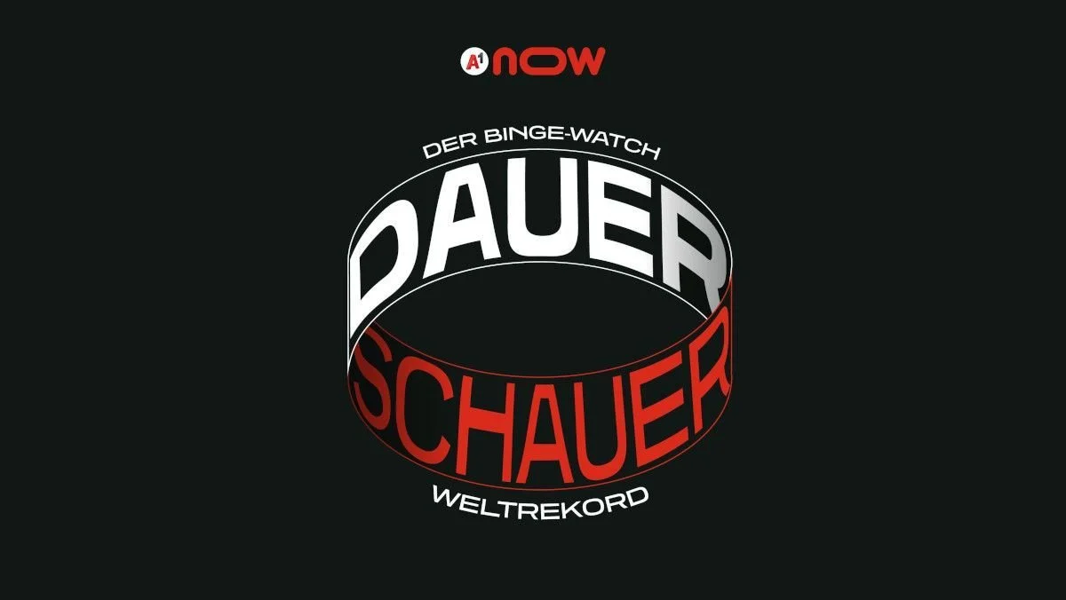 Ein schwarzes Cover mit dem Logo von A1 now und einem gezeichneten Bänder mit der Aufschrift 'Der Binge-Watch Weltrekord'.