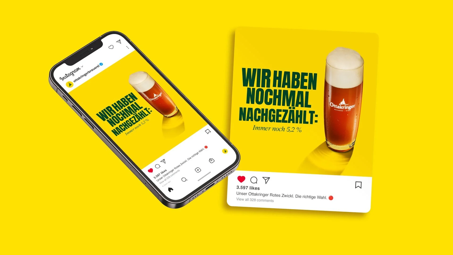 Werbebild mit einem Glas Bier und einem gelben Hintergrund. Es zeigt einen Smartphone-Bildschirm mit einem Instagram-Post und einem grellen gelben Textfeld mit grüner Schrift, das sagt "Wir haben nochmal nachgezählt: Immer noch 5,2 %".