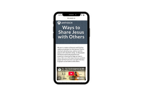 Smartphone screen displaying a religious website titled "Ways to Share Jesus with Others," with text about sharing faith and a YouTube video thumbnail at the bottom.