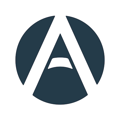 A circular logo with a stylized letter A in the center, designed with sharp angles and a dark background.