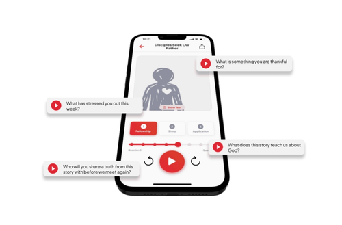 A smartphone displaying a faith-based app with audio story options about gratitude, stress, truth, and God.