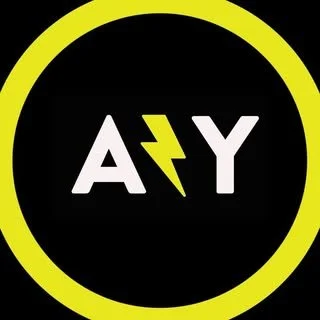 Black circular logo with a yellow border featuring the word 'AY' with a lightning bolt symbol replacing the letter 'L'.