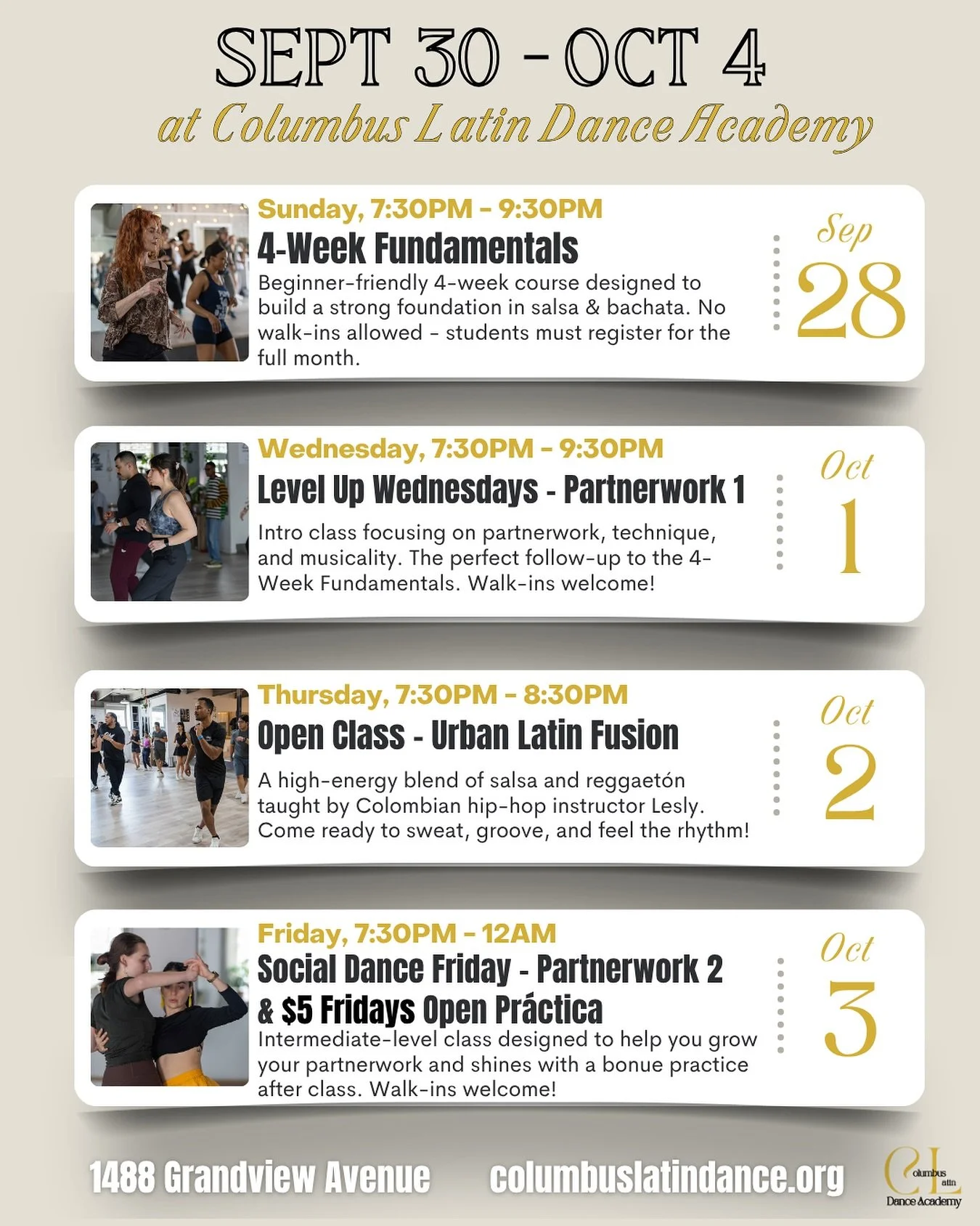 ✨ This Week at Columbus Latin Dance Academy ✨

Join us for a week full of movement, music, and community! 💃🕺
	&bull;	Wednesdays &amp; Fridays: Partnerwork classes &mdash; walk-ins welcome! $20 per class or $30 for both.
	&bull;	Thursdays: Open clas