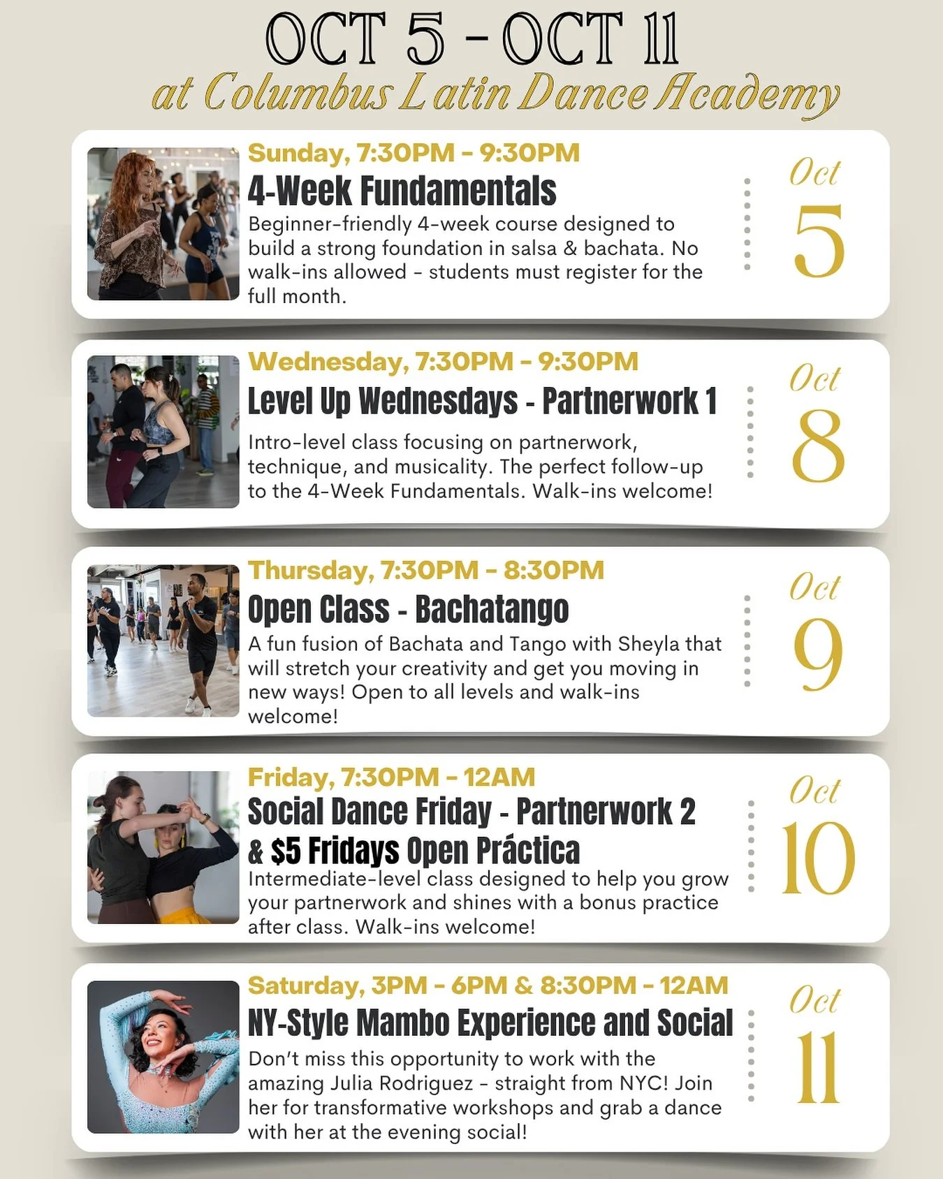 ✨ 10/5 - 10/11 at CLDA!

Get ready for a week full of rhythm, movement, and community!

🕺 Thursday: Bachatango Open Class with @yellowpartoftherainbow! A fun fusion of Bachata + Tango that&rsquo;ll stretch your creativity and get you moving in new w