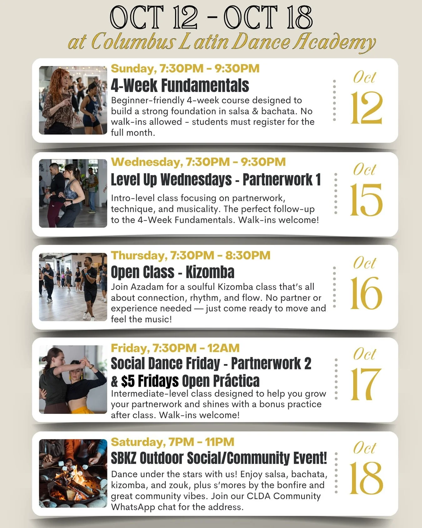 ✨ 10/12&ndash; 10/18 at CLDA!

Get ready for a week full of rhythm, movement, and community!

🕺 Thursday: Kizomba Open Class with @azadushka_a! Dive into the smooth, connection-driven world of Kizomba! Perfect for all levels, this class will help yo