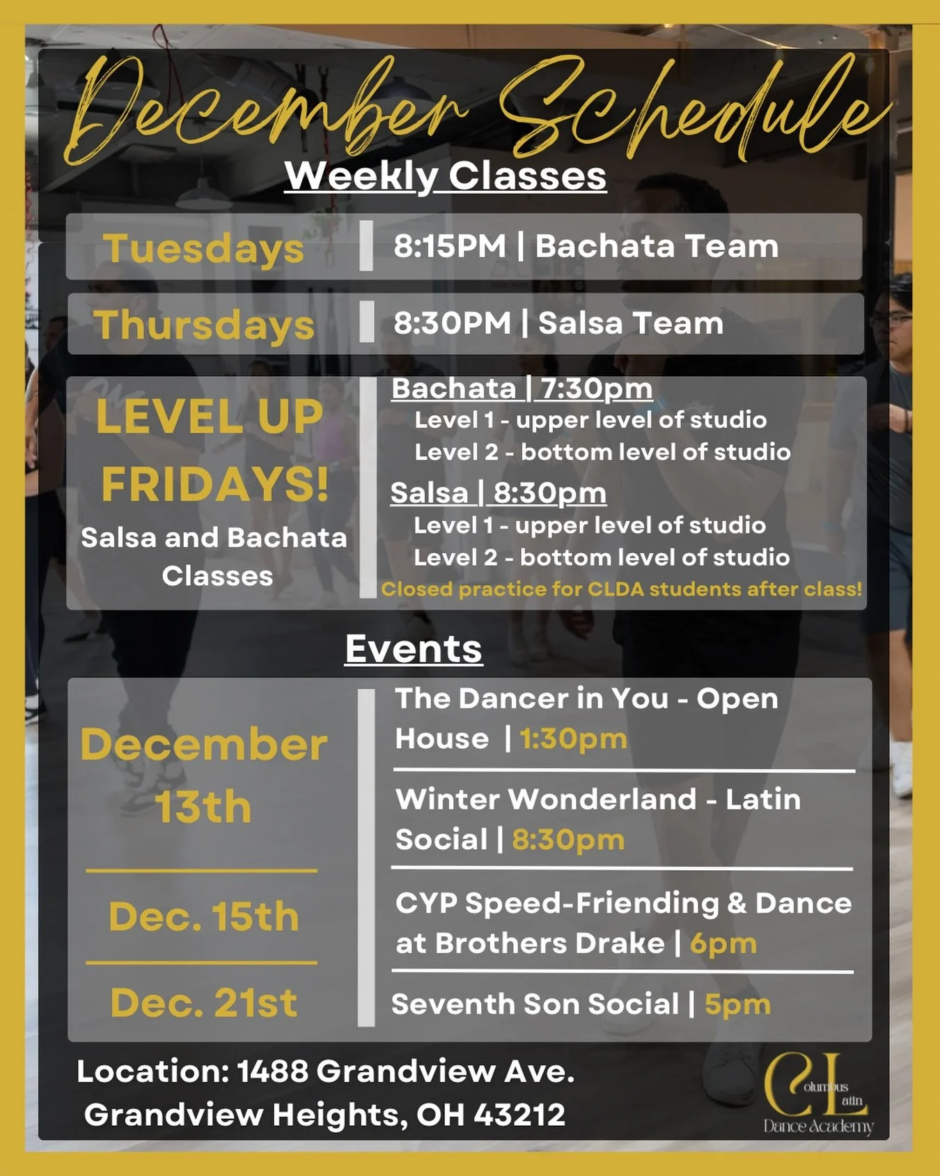 ✨ December is here, and we&rsquo;re wrapping up the year with movement, music, and pure community magic!

We&rsquo;ve got a full month of classes, socials, and special events &mdash; both in-studio and out in the city. 💃🏽🕺🏽

🔥 Level Up Fridays a