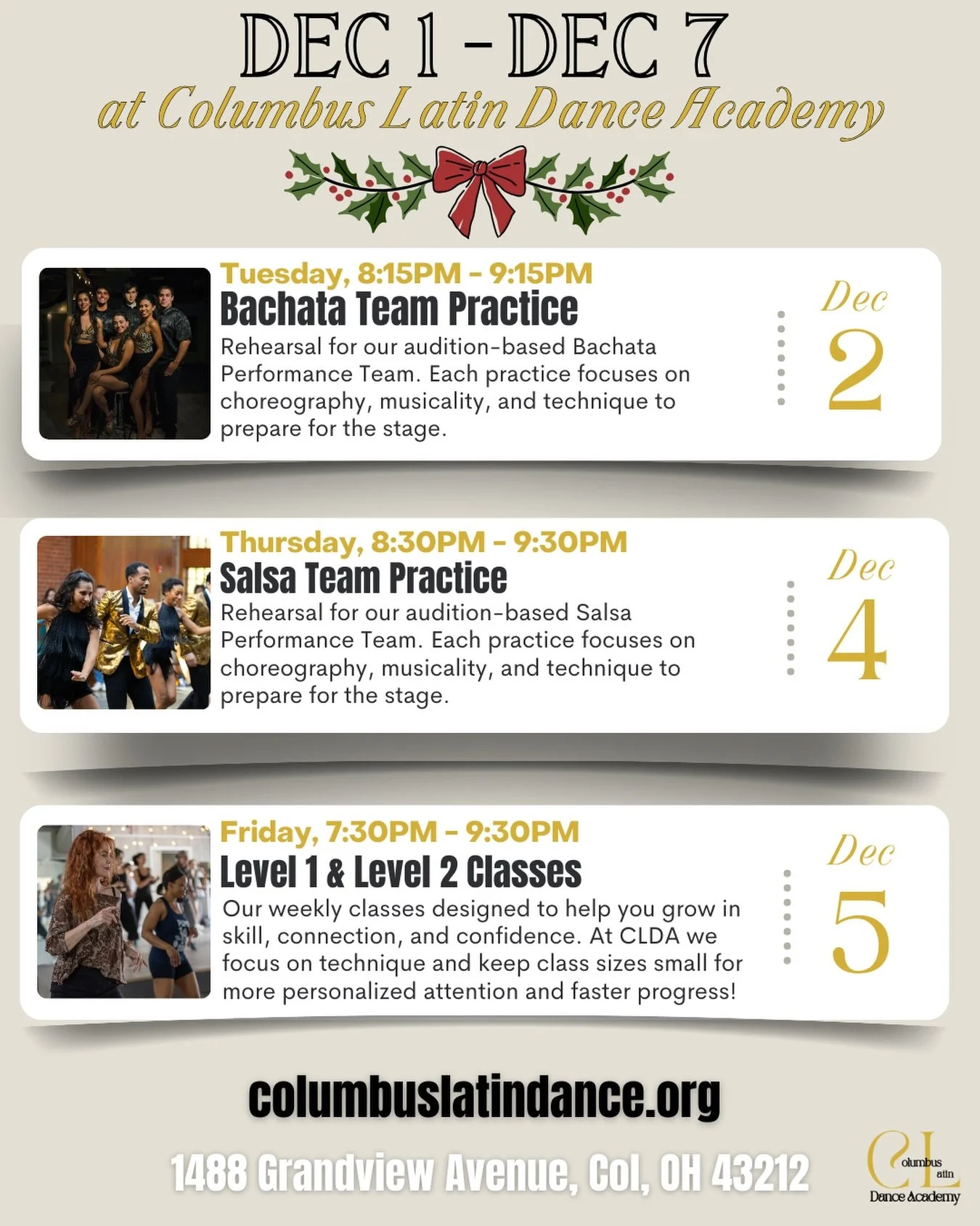 ✨ 12/1 - 12/7 at CLDA ✨

Get ready for a week filled with movement, joy, and community!

💃 Tuesday &amp; Thursday: Team Practices
Our Bachata and Salsa Performance Teams are in rehearsal mode! Each practice focuses on choreography, musicality, and t