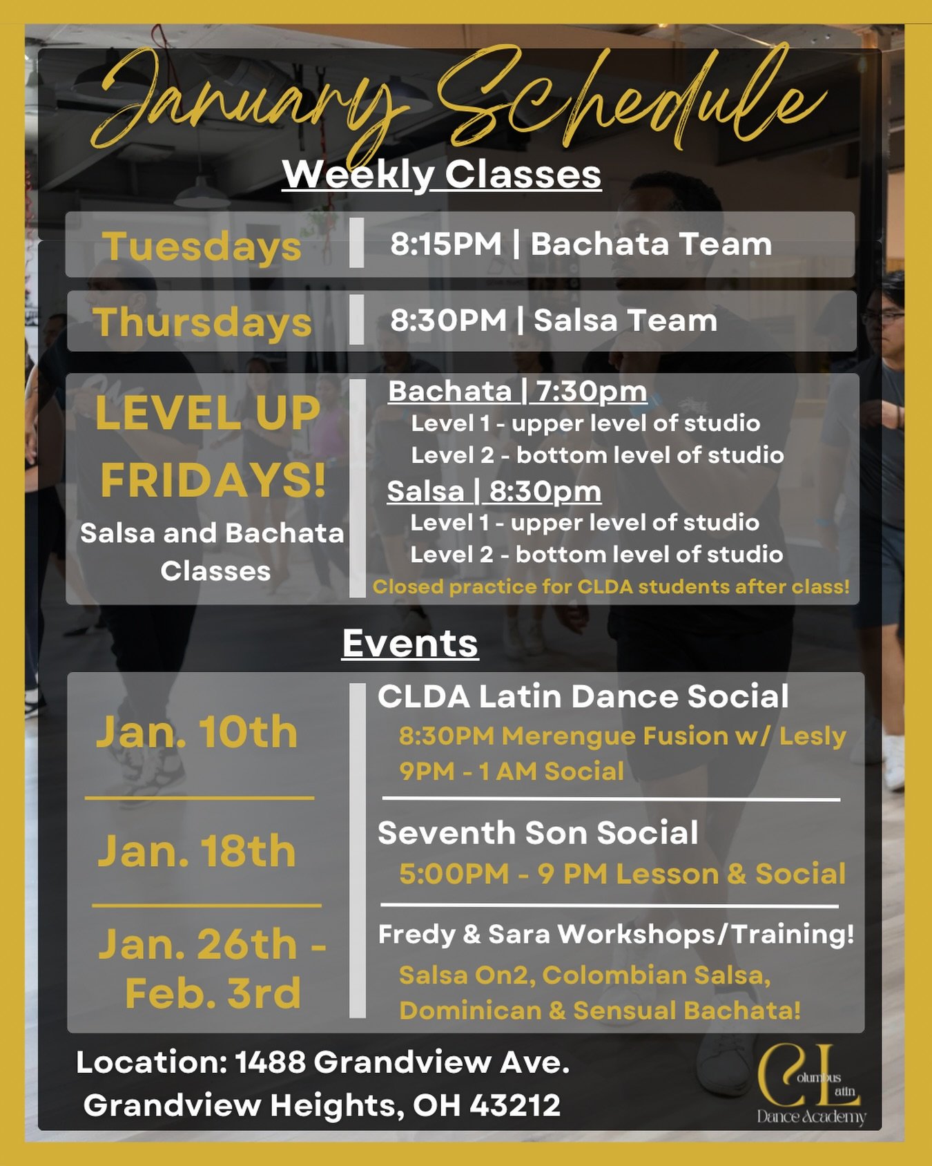 January is here, and we&rsquo;re starting the year with movement, music, and pure community magic!

We&rsquo;ve got a full month of classes, socials, and workshops!

🔥 Level Up Fridays!
Keep growing your Salsa and Bachata foundations with dedicated 