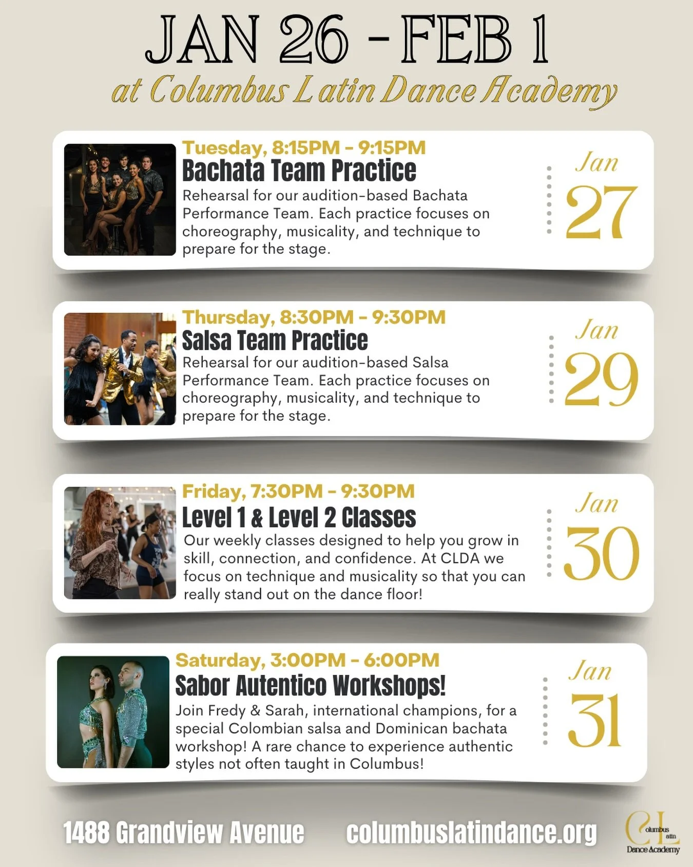 Get ready for a week filled with movement, joy, and community!

💃 Tuesday &amp; Thursday: Team Practices
Our Bachata and Salsa Performance Teams are in rehearsal mode! Each practice focuses on choreography, musicality, and technique to help our danc