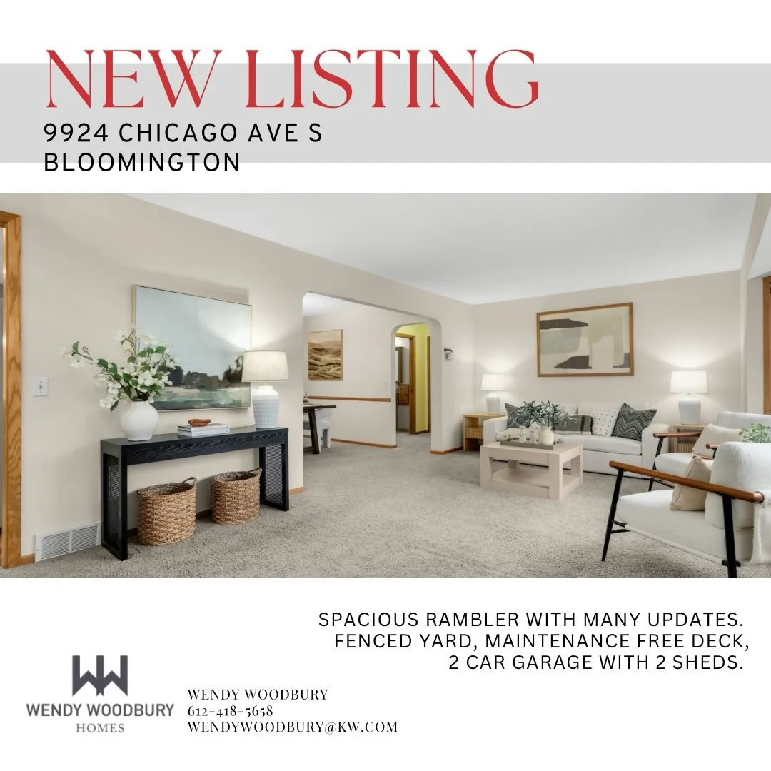 New listing in Bloomington, MN 🏠 

Spacious rambler with many updates. Fenced yard, maintenance free deck, 2 car garage with 2 sheds. 

Message me or call if interested 🔑 
#wendywoodburyhomes #bloomington #forsale