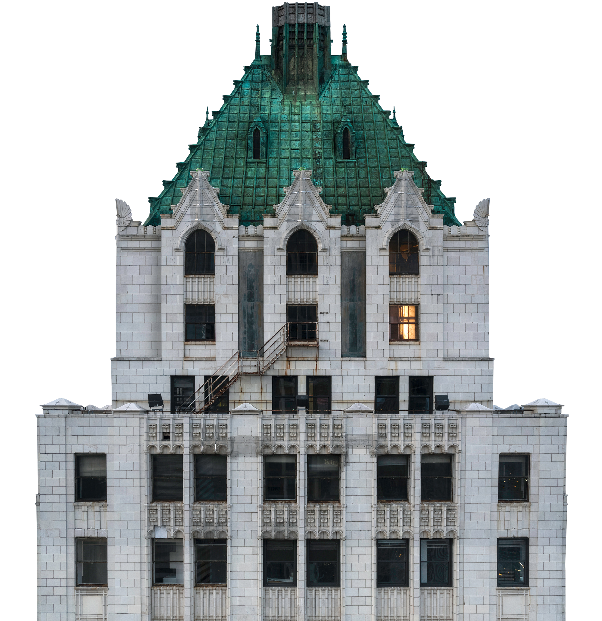 Historic terra cotta facade and copper roof of the Pittsfield Building in Chicago, including its original 1927 chimney stack.