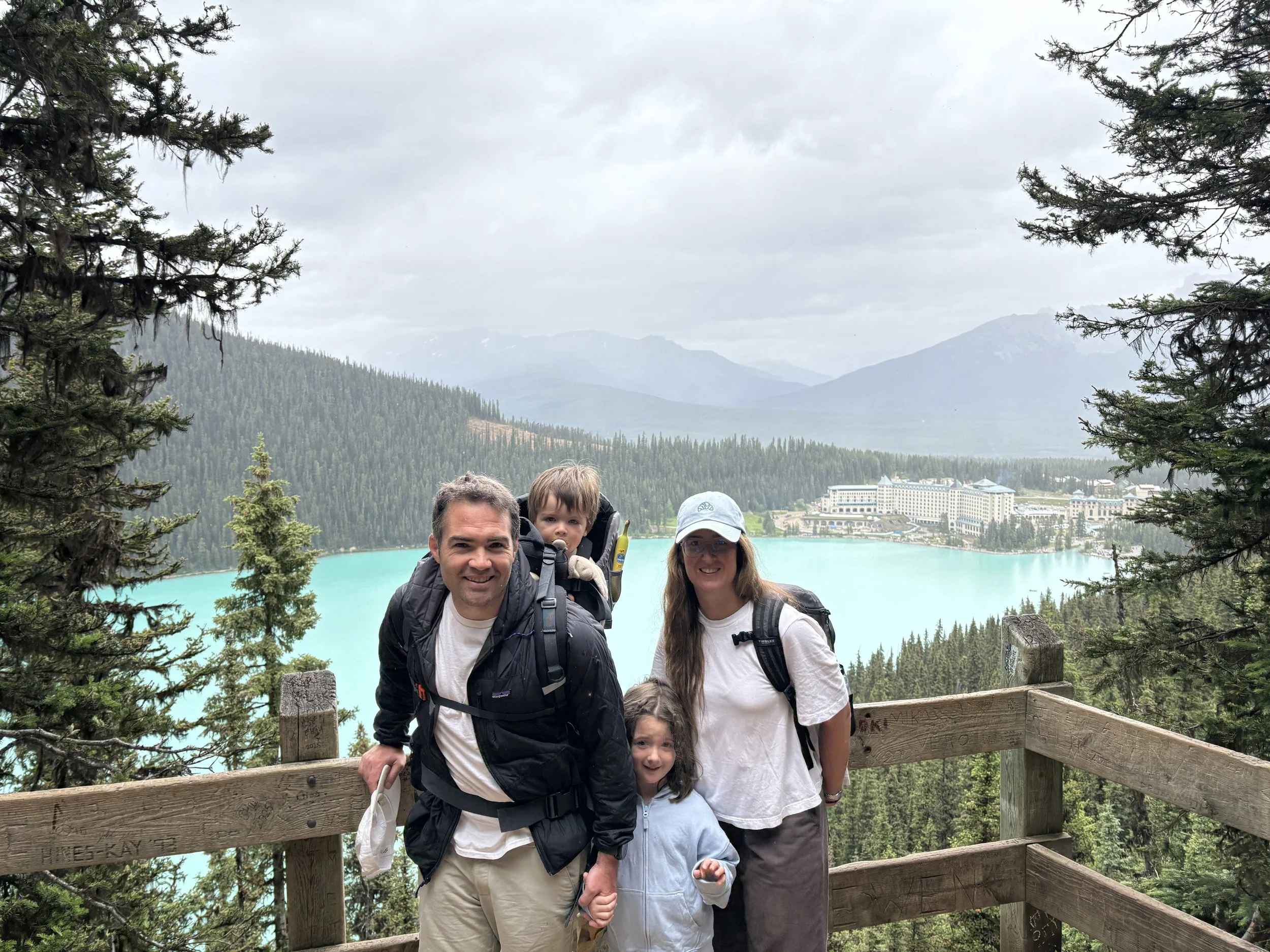 (A) Family hike in Lake Louise, Alberta, Canada