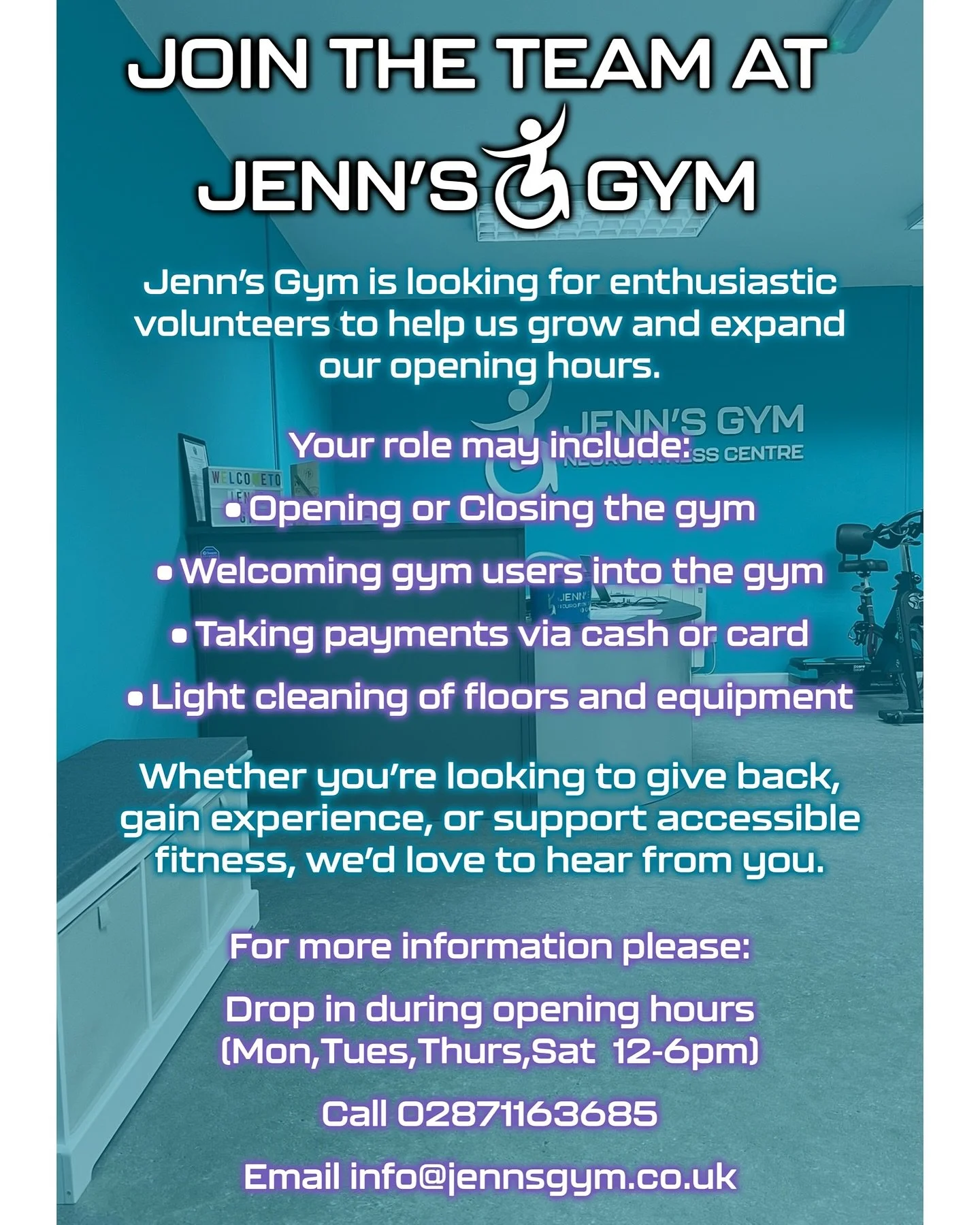 Join the Team at Jenn’s Gym!
Jenn’s Gym is looking for enthusiastic volunteers to help us grow and expand our opening hours.
Whether you’re looking to give back, gain experience, or support accessible fitness, we’d love to he