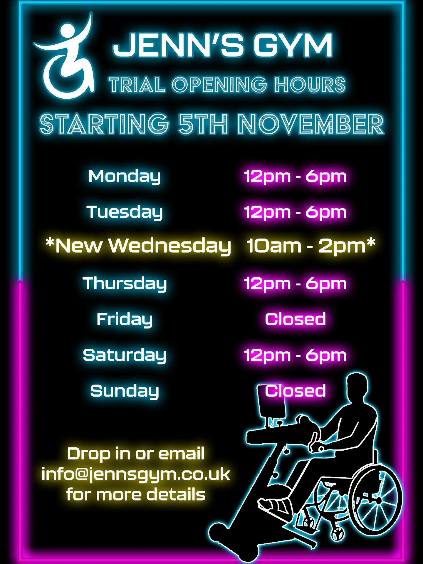 Now opening on Wednesday’s!
Thanks to our new volunteers we’re excited to announce that starting 5th November, Jenn’s Gym will be running a trial month of opening on Wednesday’s from 10am - 2pm. 
We are a drop in, pay as you g
