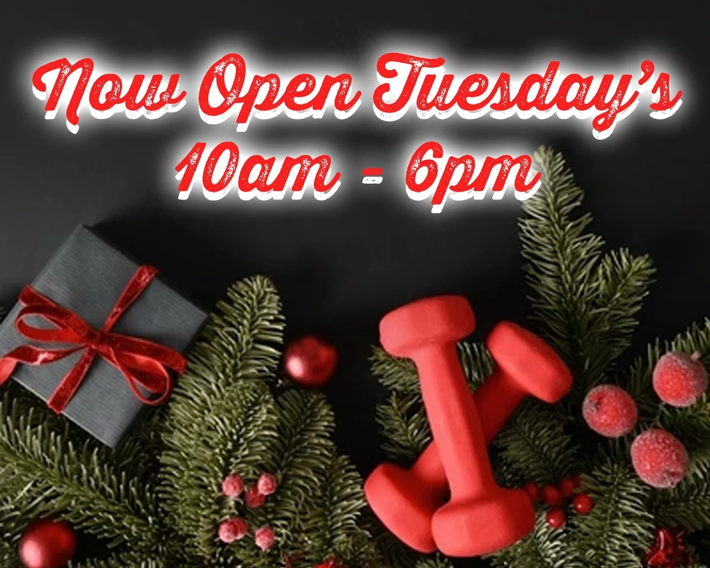 From now until Christmas we&rsquo;re opening earlier on Tuesday&rsquo;s! 
See you at the gym between 10am &amp; 6pm 💪🏼

Current Opening hours as of November 2025

Monday 12pm - 6pm
Tuesday 10am - 6pm
Wednesday 10am - 2pm
Thursday 12pm - 6pm 
Friday