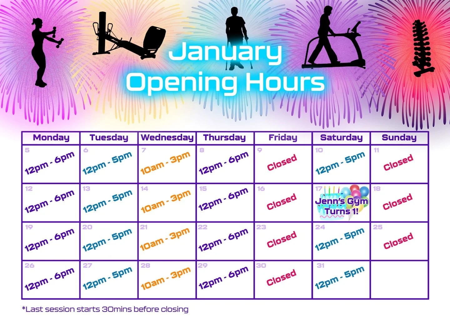 Planning your next gym session?
See our January Opening Hours below. 

We offer a drop in pay as you go service, so no need to book in advance. Just come in anytime during opening hours to start your workout 💪🏼

*for those that like to book in adva