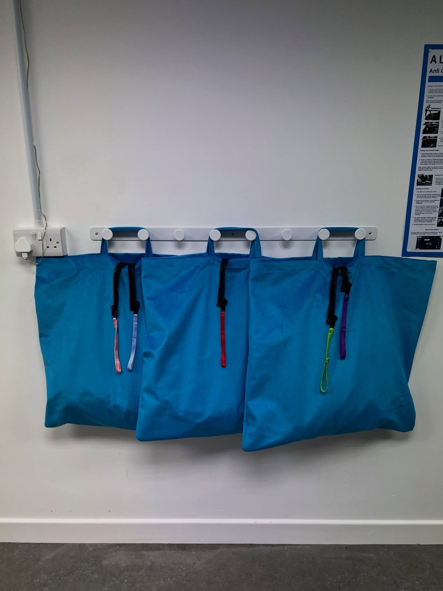 We would like to thank @thecraftersonmain and @wishcottagecrafts for donating fabric and creating bags to hold our AlterG Anti gravity shorts.
Also thank you to the volunteers for helping install the hooks on the wall to hang the bags from. The gym i