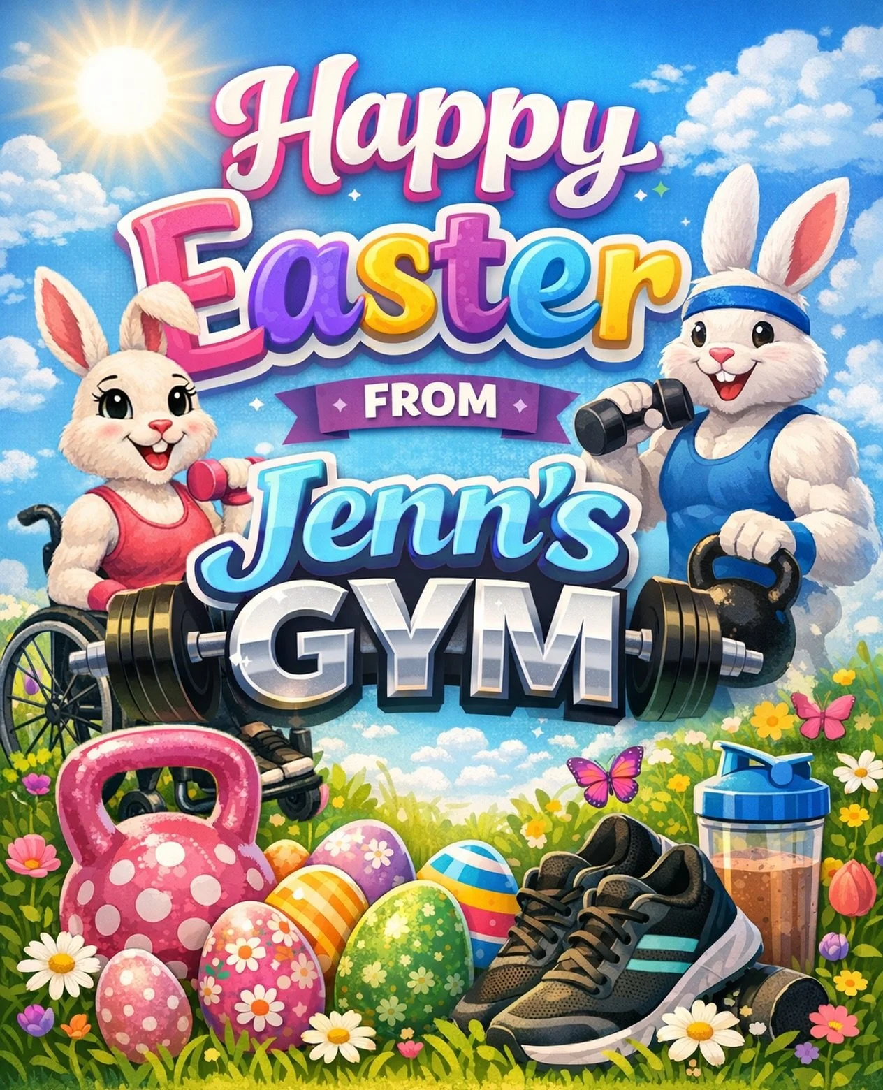 Wishing everyone a Happy Easter from Jenn&rsquo;s Gym! 🐰🐣
Please note we will be closed Easter Monday 6th April but will reopen as normal Tuesday 7th 12pm - 5pm. 

#happyeaster #jennsgym #openinghours #gymbunny