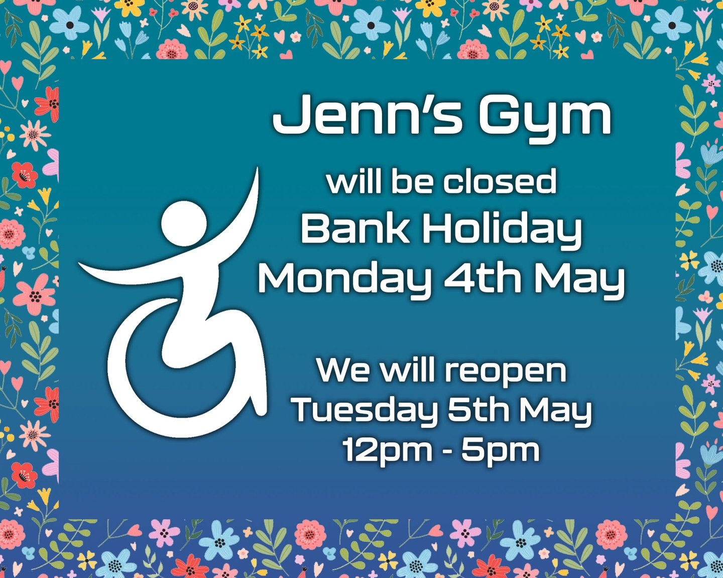 Jenn&rsquo;s Gym will be closed this Bank Holiday Monday 4th May.
Wishing everyone a lovely long weekend and we&rsquo;ll see you all back on Tuesday 5th May 12pm - 5pm 💪🏼

#jennsgym #bankholiday #openingtimes